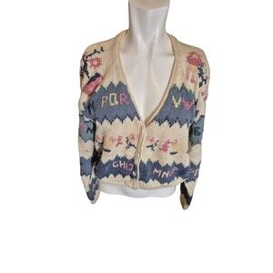 Capezio VTG 90s Y2K Boho Cardigan Cottage Core Cropped Sweater Blue Cream Sz M